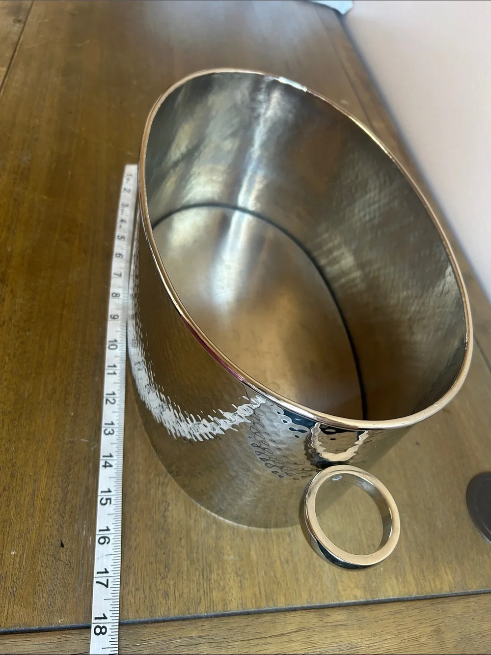 Pottery Barn Home Bar Hammered Stainless Steel Ice Bucket with Ring Handles.